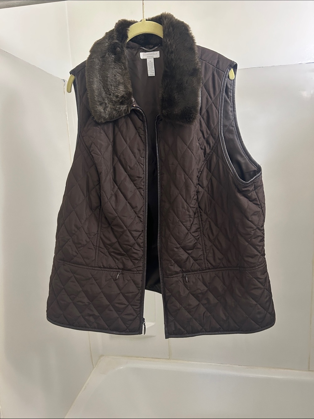 Charter Club Quilted Vest with Faux-Fur Collar - Dark Brown